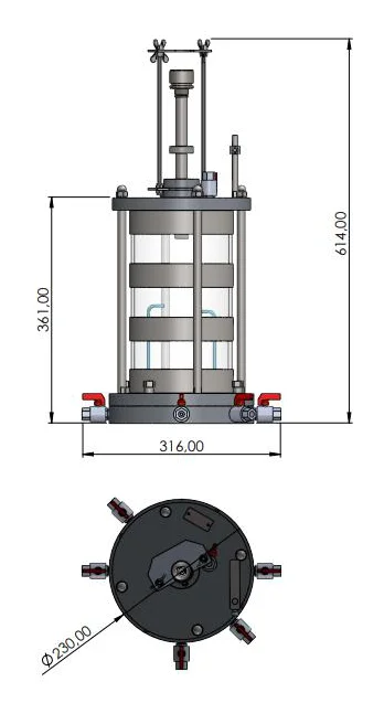 Desenho de dimensões da célula triaxial estática de 3 polegadas Biopdi CTE-16b: altura de 614 mm e Ø230 mm