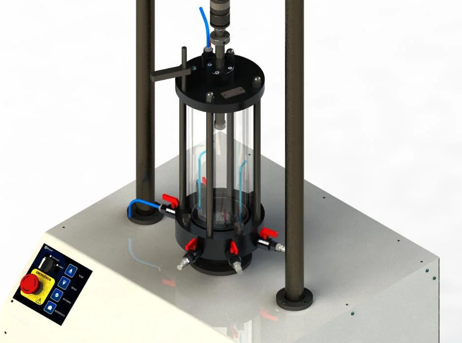 Célula triaxial estática de 3 polegadas Biopdi montada na prensa, com o acoplamento da célula de carga no eixo