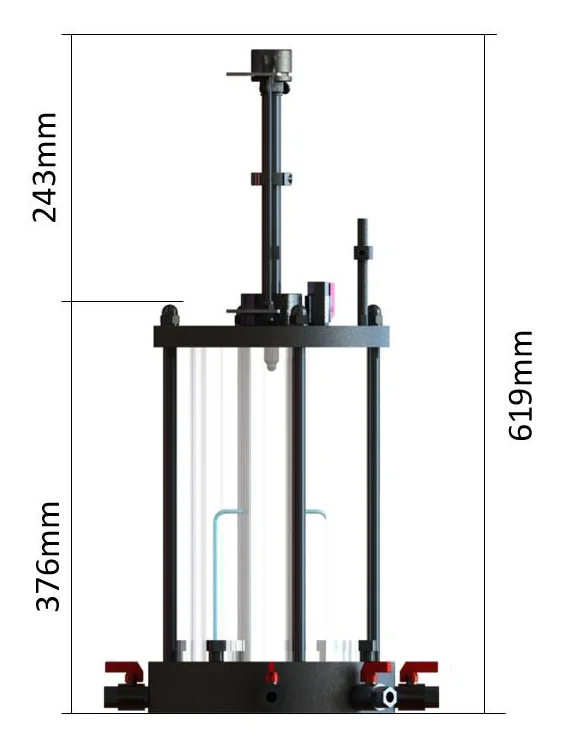 Desenho de dimensões da célula triaxial estática de 4 polegadas Biopdi: altura de 619 mm e Ø230 mm