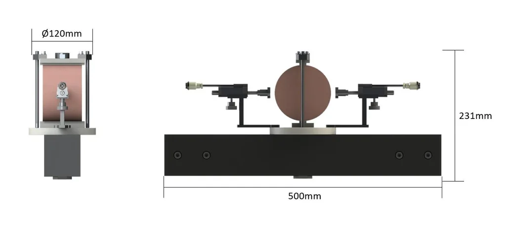 Dimensões do dispositivo de compressão diametral Biopdi: 500 mm de comprimento, 231 mm de altura e Ø120 mm