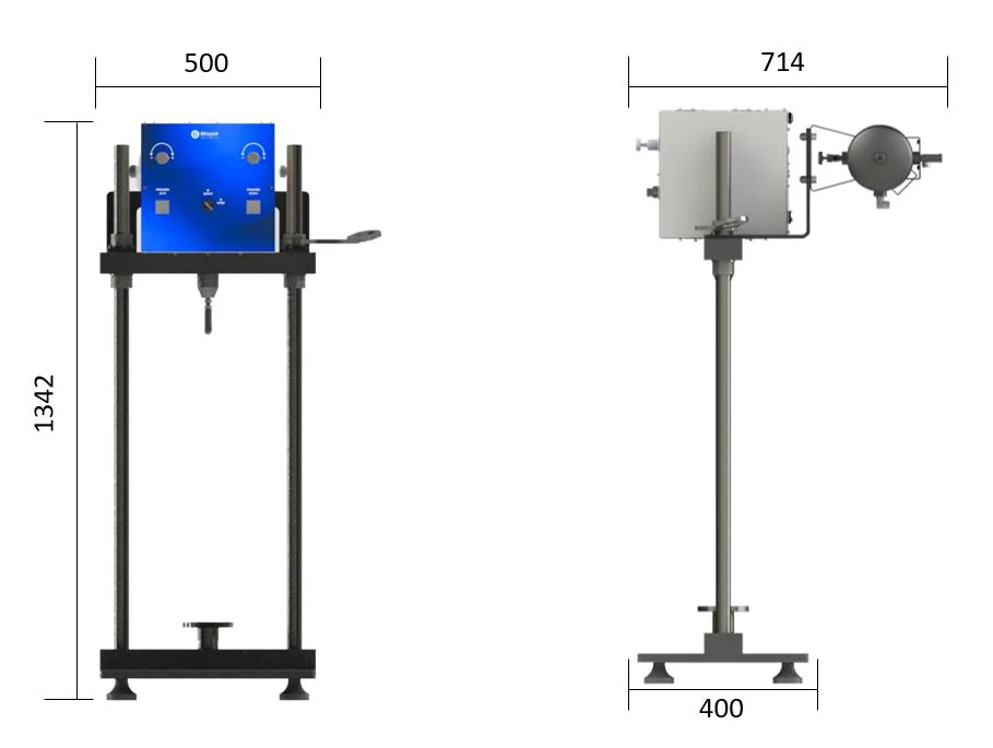 Desenho de dimensões da prensa triaxial dinâmica Biopdi: altura de 1.342 mm, largura de 500 mm e comprimento de 714 mm