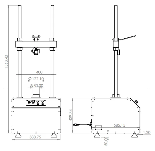 Desenho de dimensões da prensa triaxial estática Biopdi: altura total de 1.563,40 mm, largura de 588,75 mm e 400 mm entre colunas