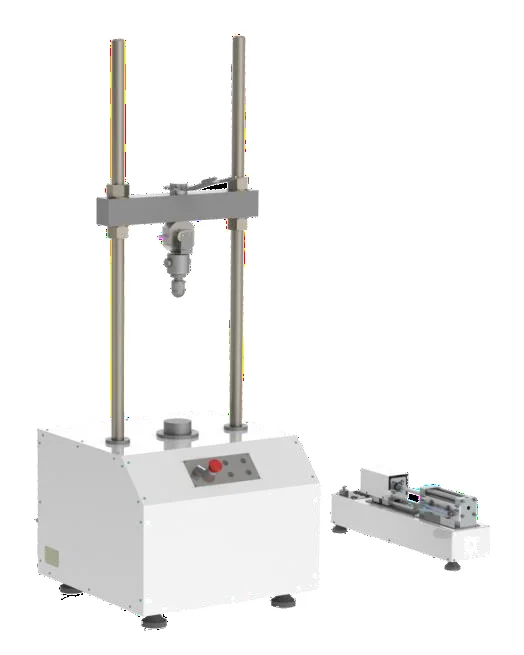 Prensa triaxial estática Biopdi PTE-50k, de 50 kN, ao lado do pressurizador de água de 1.600 kPa