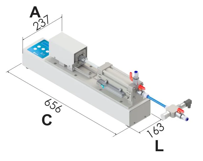 Dimensões do pressurizador de 1.600 kPa Biopdi: 656 mm de comprimento, 163 mm de largura e 237 mm de altura