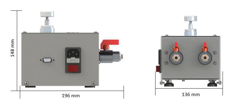 Dimensões do pressurizador pneumático Biopdi: 196 mm de comprimento, 136 mm de largura e 148 mm de altura