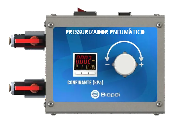 Painel frontal do pressurizador pneumático Biopdi com pressostato da pressão confinante em kPa e controlador de pressão