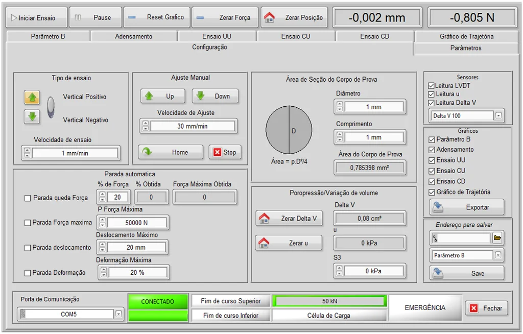 Tela de configuração do software da prensa triaxial estática Biopdi com a máquina conectada e célula de carga de 50 kN