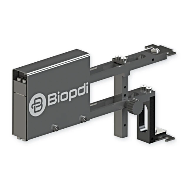 Extensômetro clip-on Biopdi para máquina universal de ensaios, com a caixa do transdutor e os braços com as facas que prendem no corpo de prova