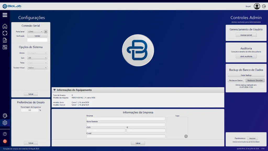 Software BioLab: configurações, informações do equipamento e controles do administrador