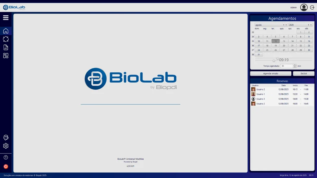 Software BioLab: tela inicial com calendário de agendamento do equipamento