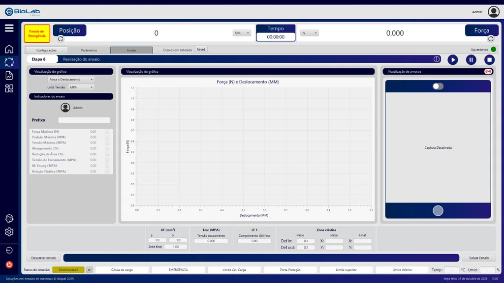 Software BioLab: tela de ensaio com indicadores de força e posição, gráfico em tempo real e câmera da amostra