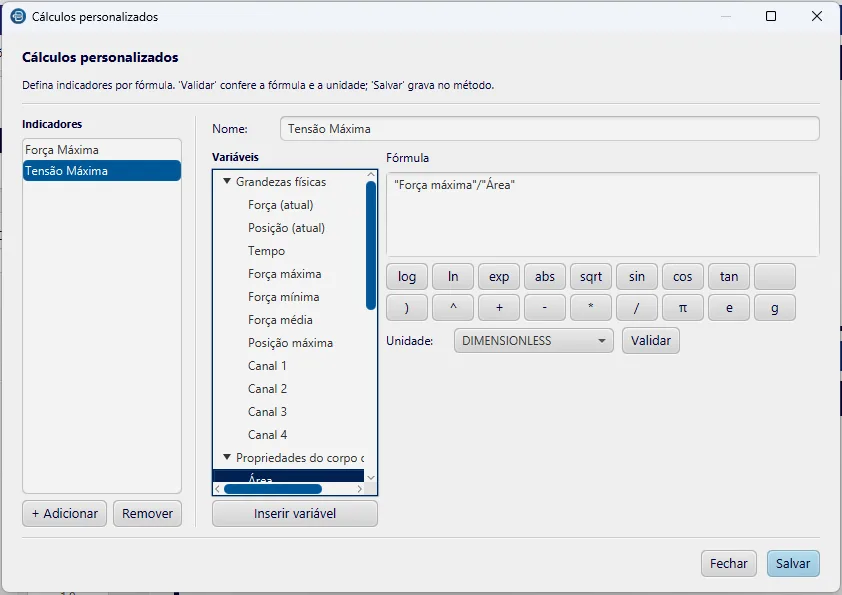 Janela de cálculos personalizados do software BioLab com árvore de variáveis e editor de fórmula