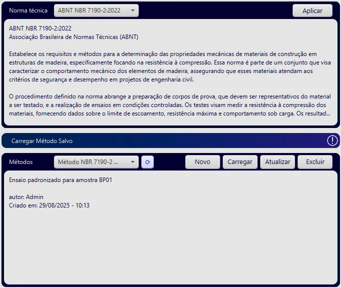 Seleção de norma técnica ABNT NBR 7190-2:2022 e carregamento de método salvo no software BioLab