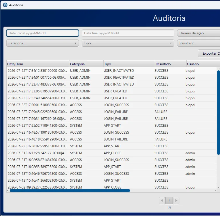 Janela de auditoria do software BioLab com filtros por data, categoria, tipo, resultado e usuário